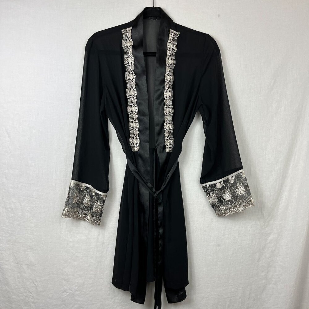Sheer Lace Robe Kimono Women M/L Romantic Goth Lingerie Coverup Slinky Victorian